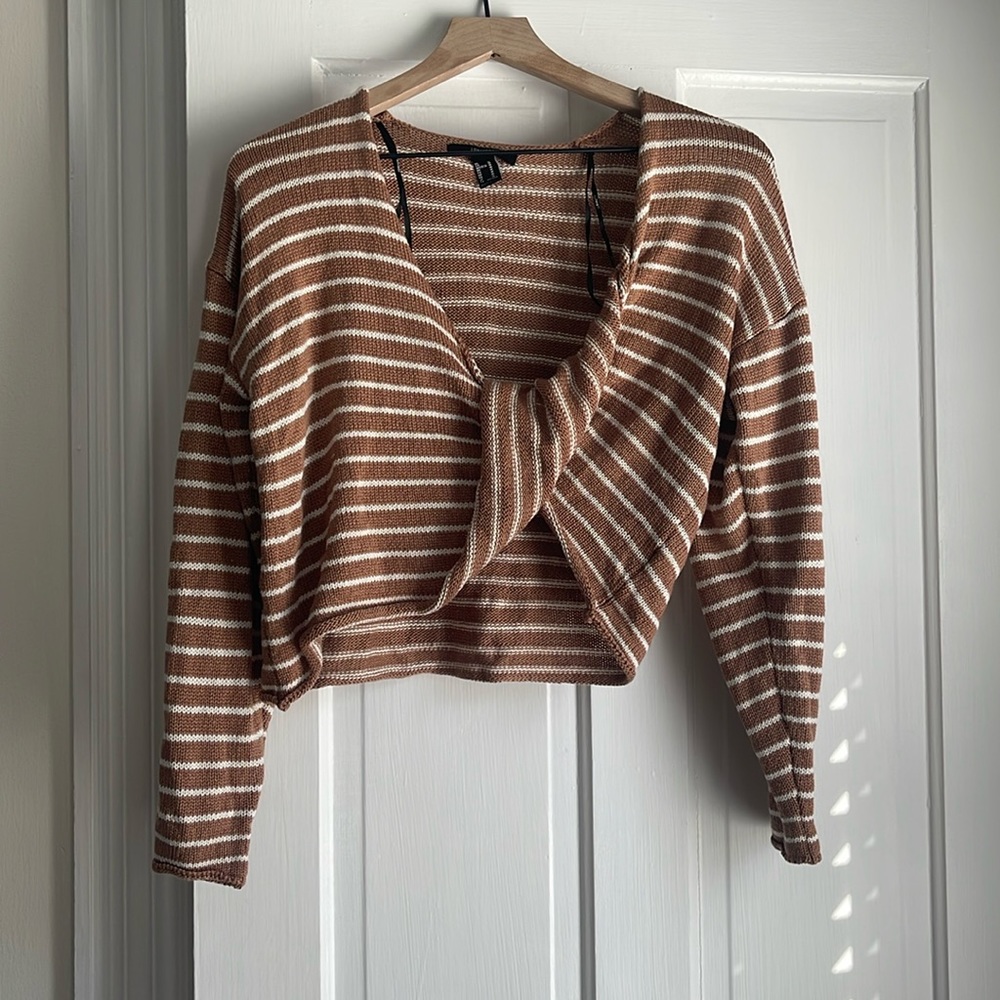 Brown & White Forever 21 Wrap Sweater